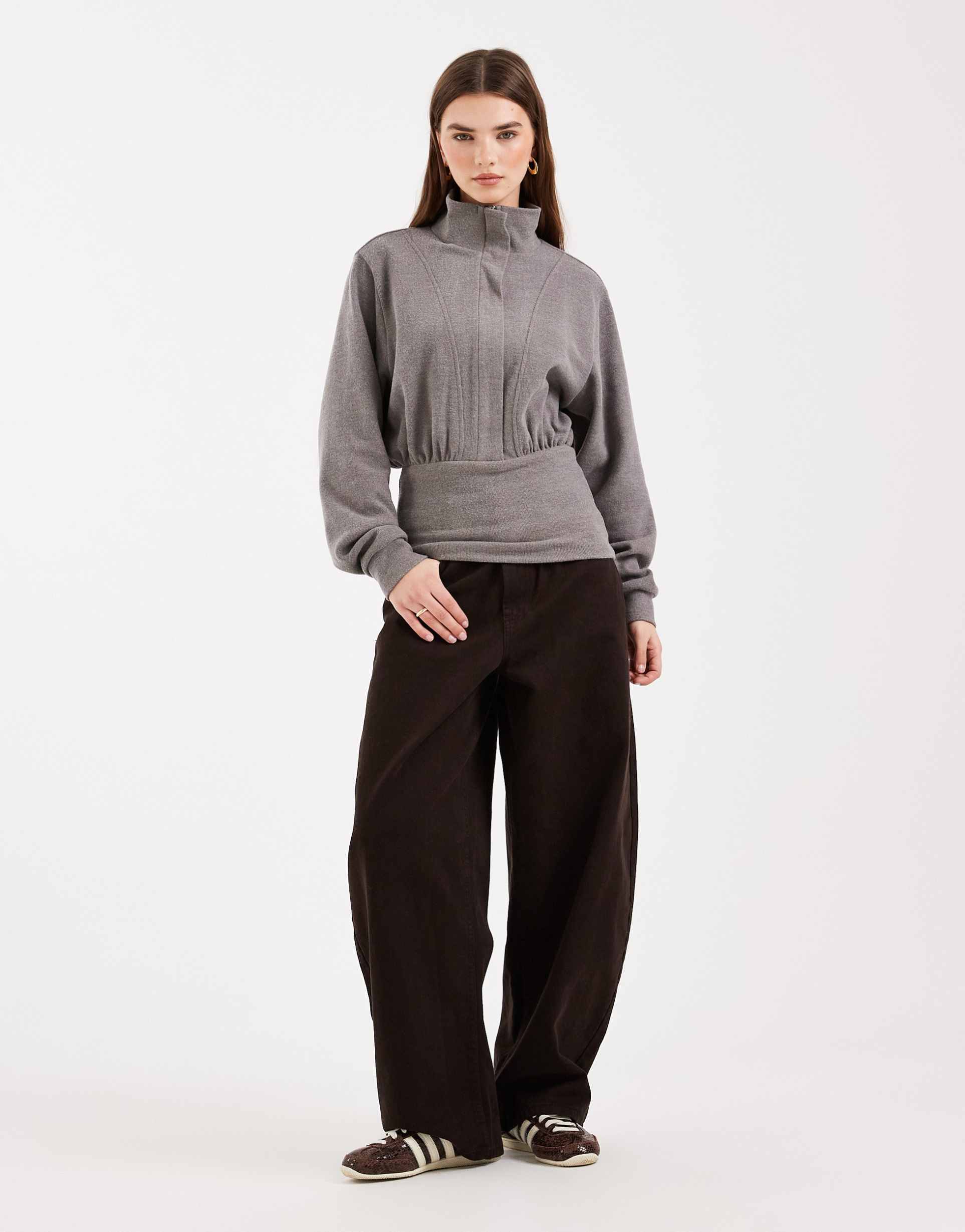 asos design supersoft half zip funnel neck top with cinched waist in charcoal