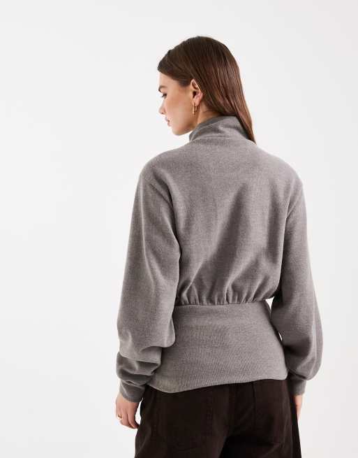 ASOS DESIGN supersoft half-zip funnel neck top with cinched waist in charcoal, 3 of 4