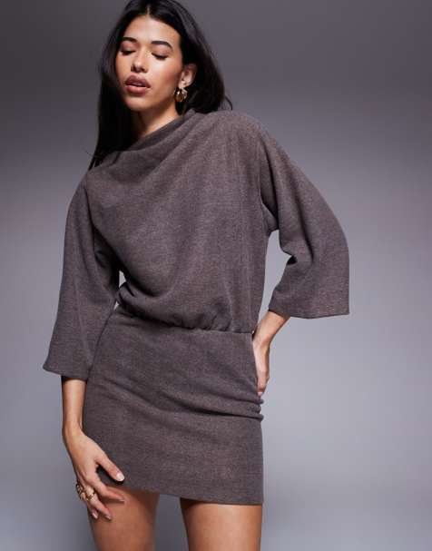 ASOS DESIGN supersoft high asymmetric neck blouson mini dress in chocolate heather - view 1