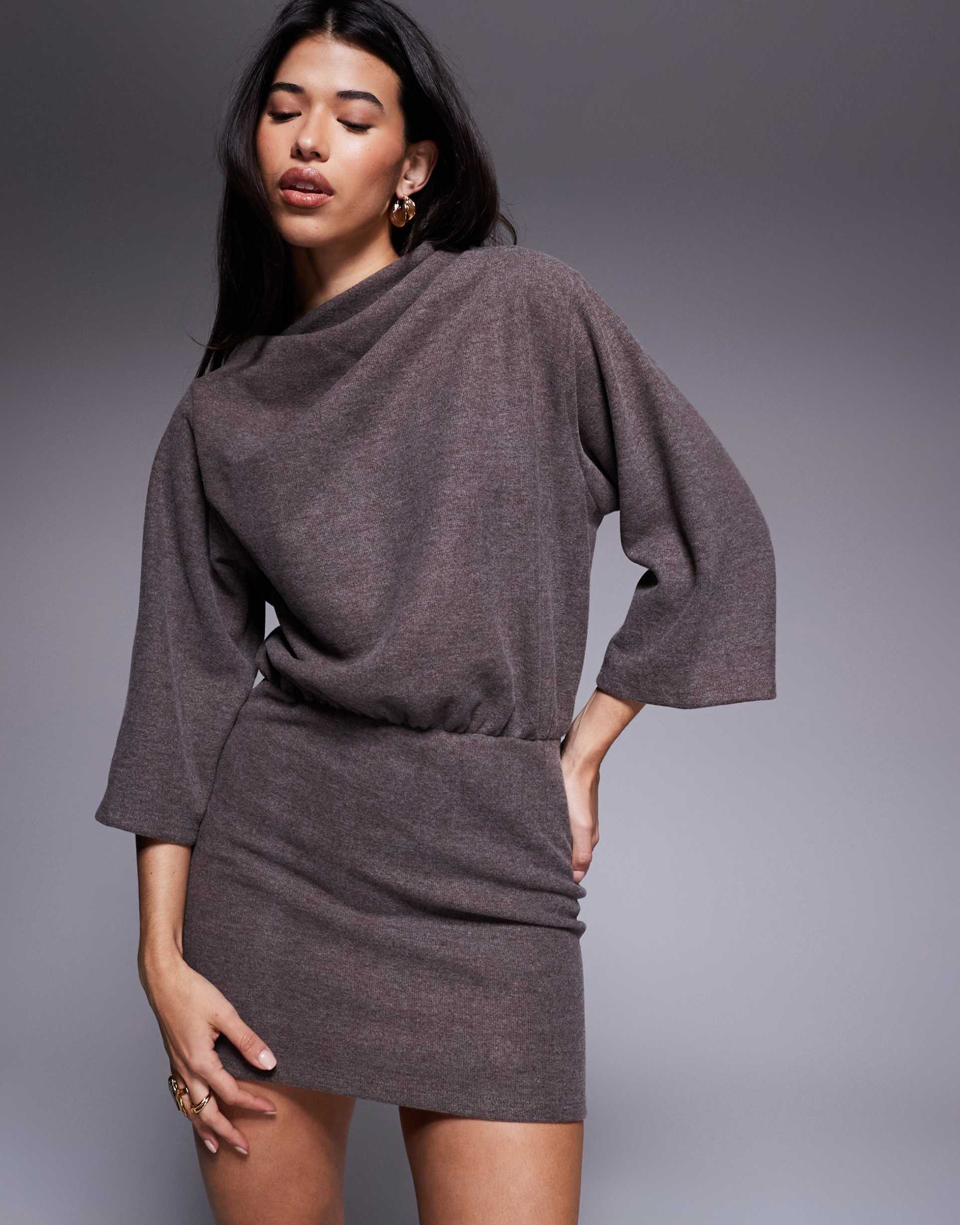 asos design supersoft high asymmetric neck blouson mini dress in chocolate heather