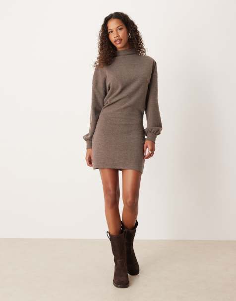 ASOS DESIGN supersoft high neck balloon sleeve mini dress in chocolate