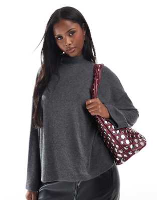 supersoft high neck boxy top in gray-Black