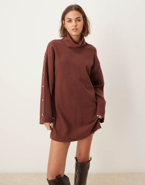 ASOS DESIGN supersoft high neck button sleeve shift mini dress in brown - view 1