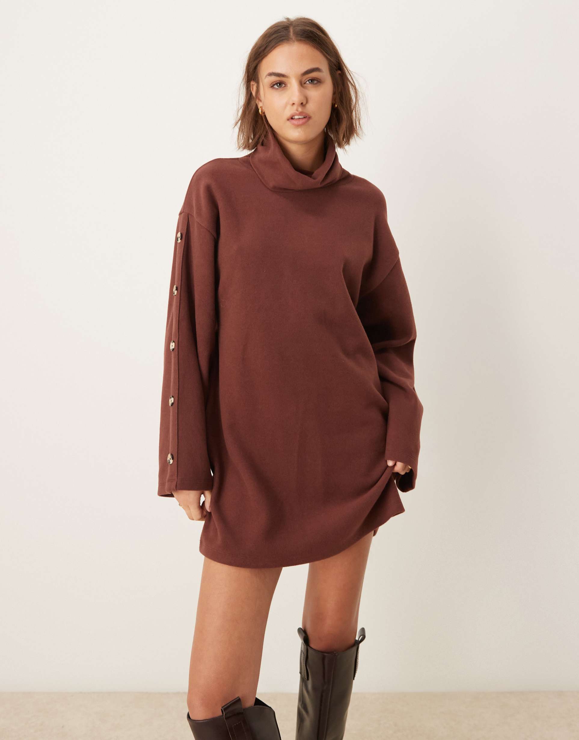 asos design supersoft high neck button sleeve shift mini dress in brown