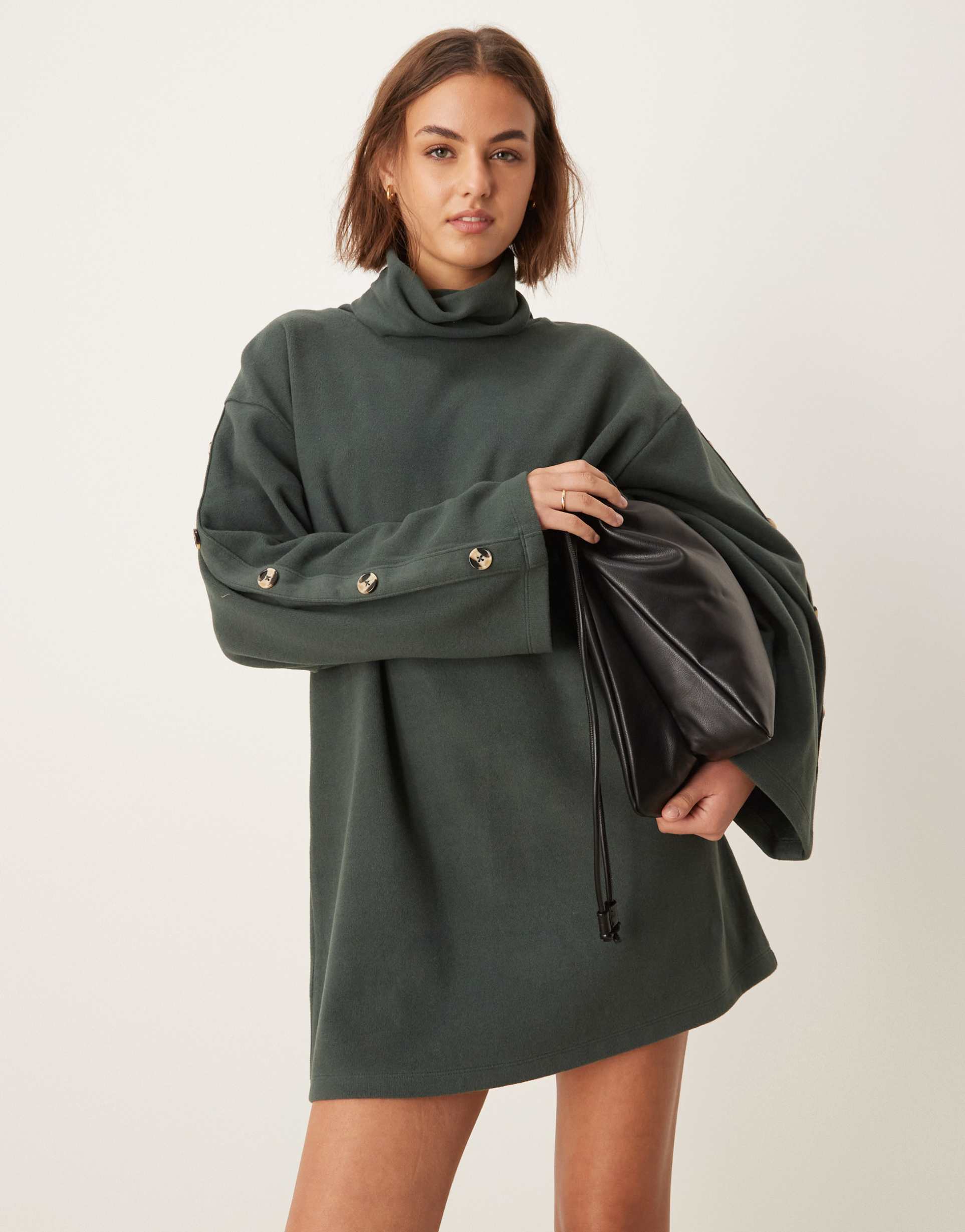 asos design supersoft high neck button sleeve shift mini dress in forest green