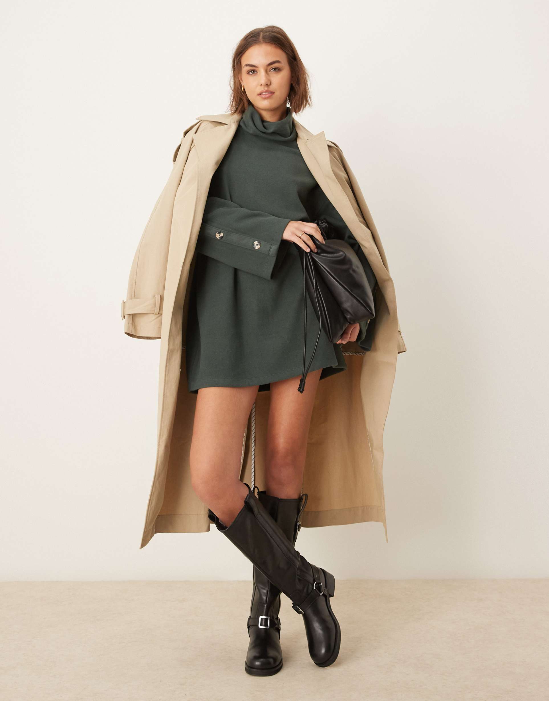 asos design supersoft high neck button sleeve shift mini dress in forest green