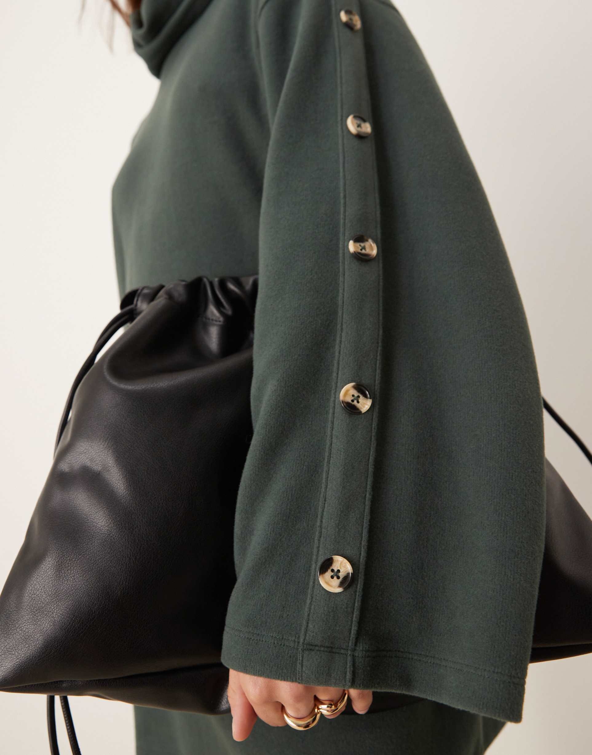 asos design supersoft high neck button sleeve shift mini dress in forest green