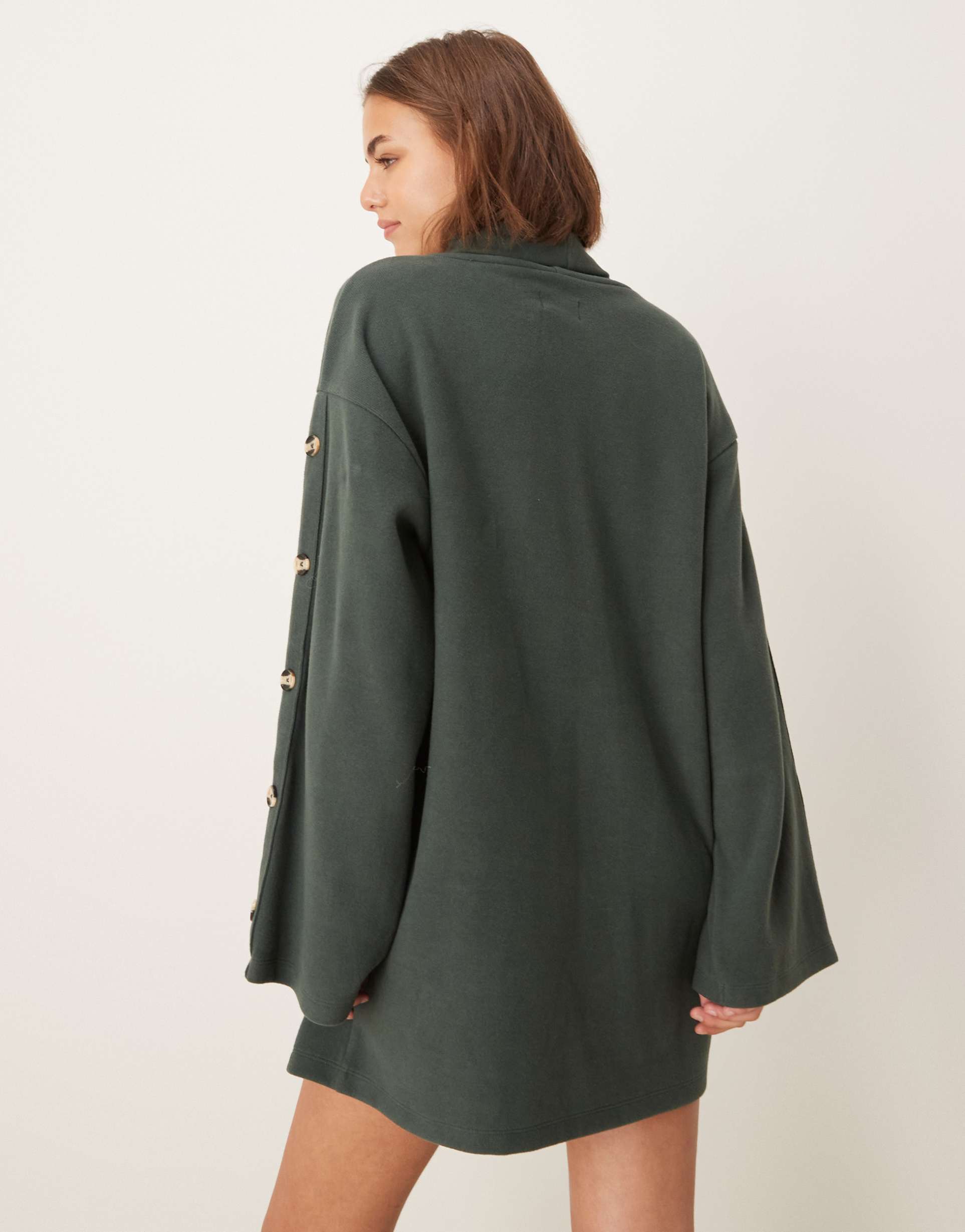 asos design supersoft high neck button sleeve shift mini dress in forest green