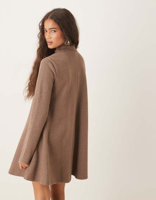 ASOS DESIGN supersoft high neck trapeze mini dress in mocha, 3 of 4