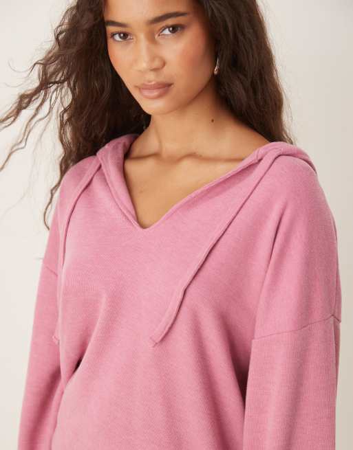 ASOS DESIGN supersoft hoodie with turn back cuff detail in pink, 4 of 4