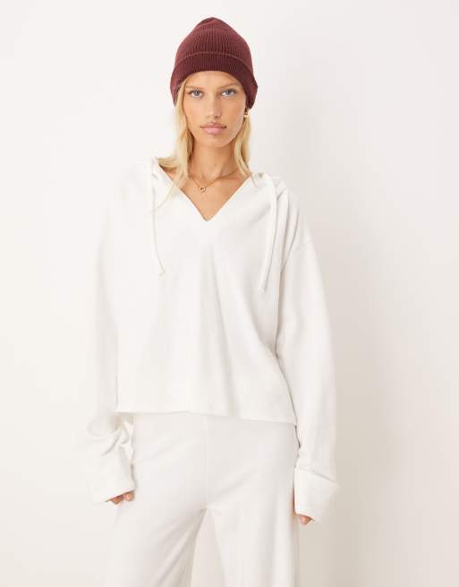 ASOS DESIGN supersoft hoodie with turn back cuff detail in winter white, 3 of 4