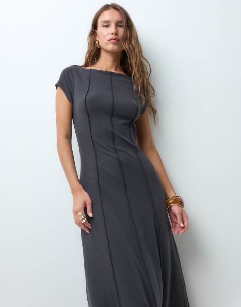 ASOS DESIGN supersoft klänning i midi-längd med synliga sömmar i kolgrått - view 1
