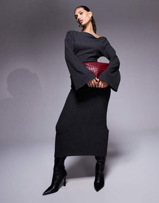 ASOS DESIGN supersoft knit asymmetric twist shoulder midi dress in charcoal