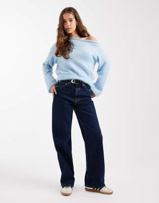 Asos Design Supersoft Knit One-shoulder Sweater With Cinched Waist In Blue