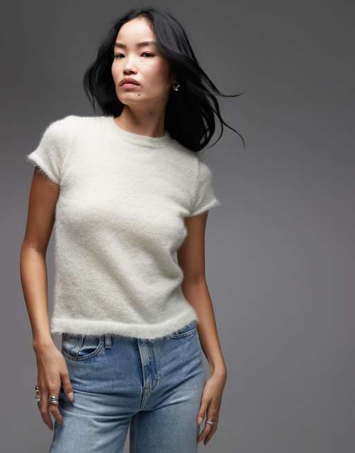 ASOS DESIGN supersoft knitted fluffy top in ecru