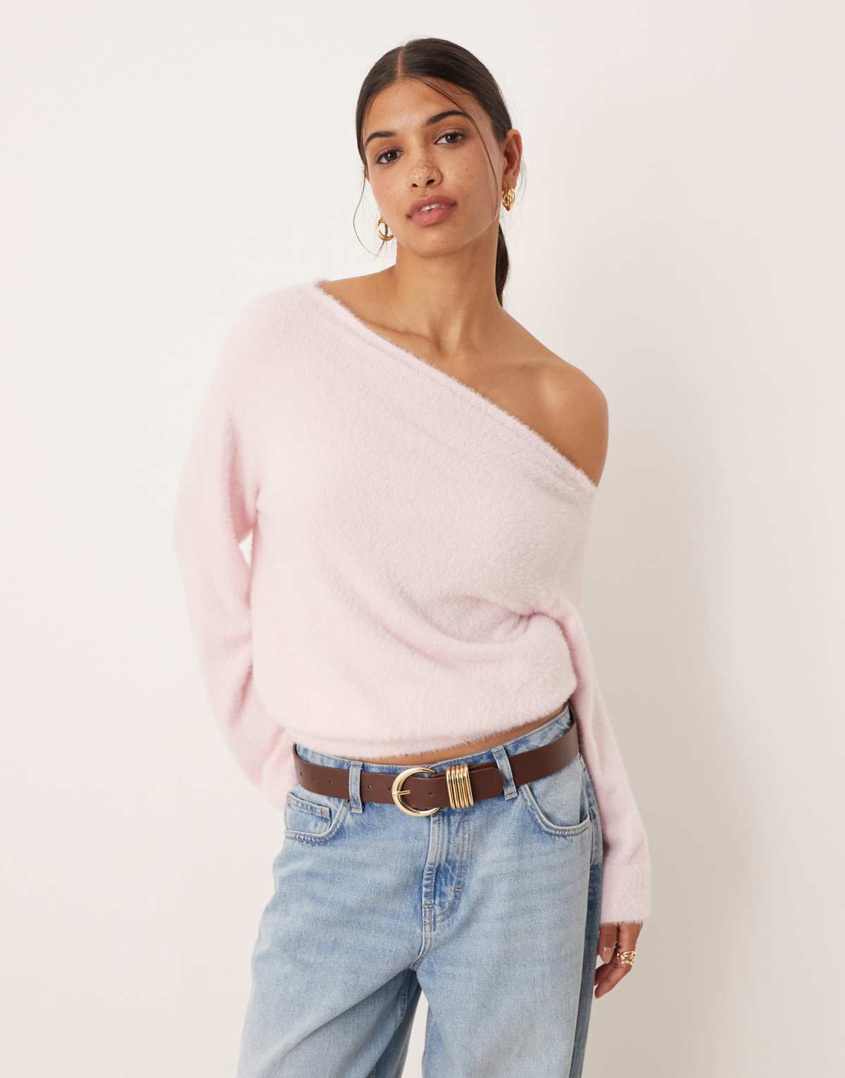 ASOS DESIGN supersoft knitted one shoulder jumper with cinched waist pink