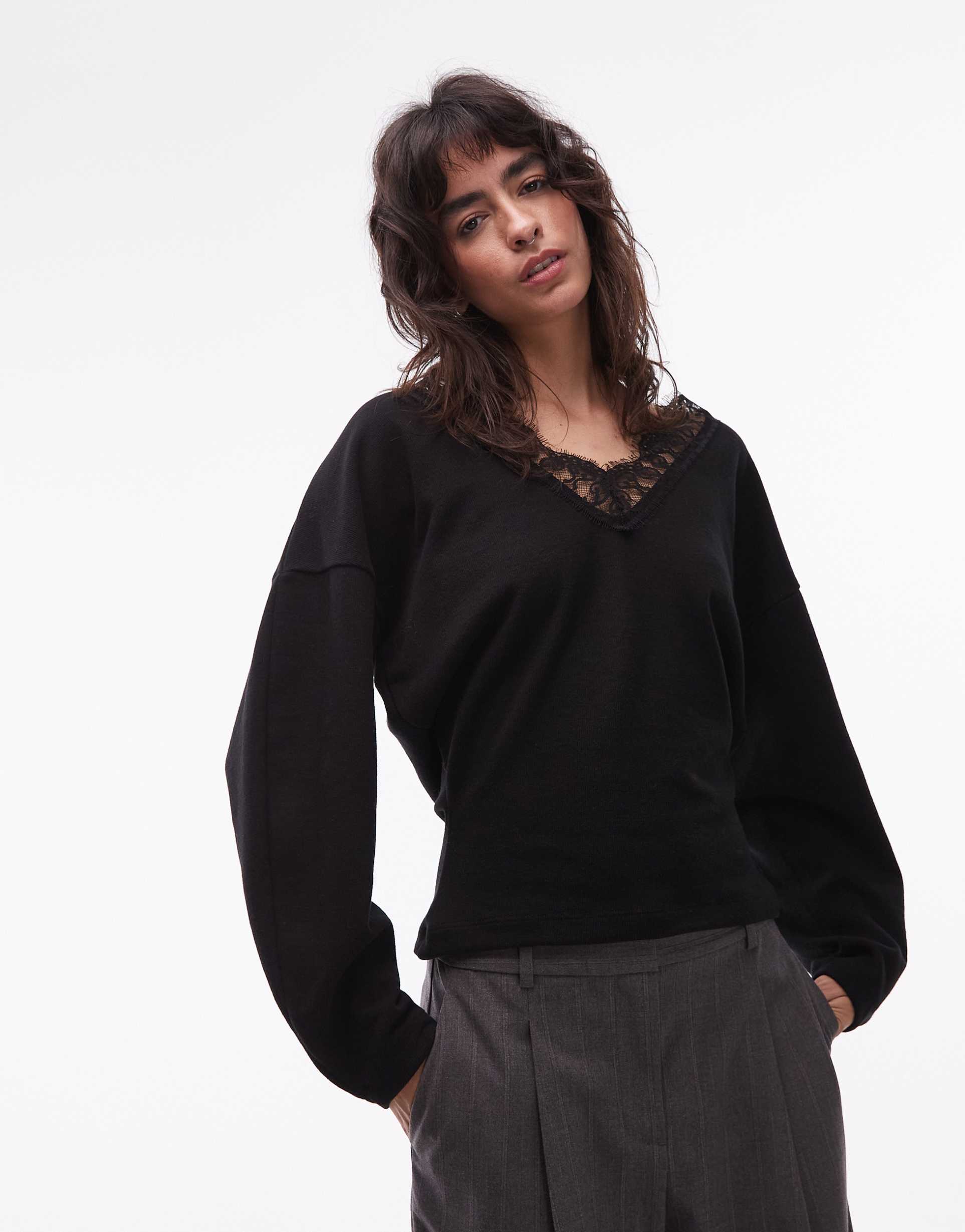 asos design supersoft lace trim long sleeve top in black