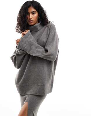 supersoft long line turtleneck in charcoal heather - part of a set-Gray