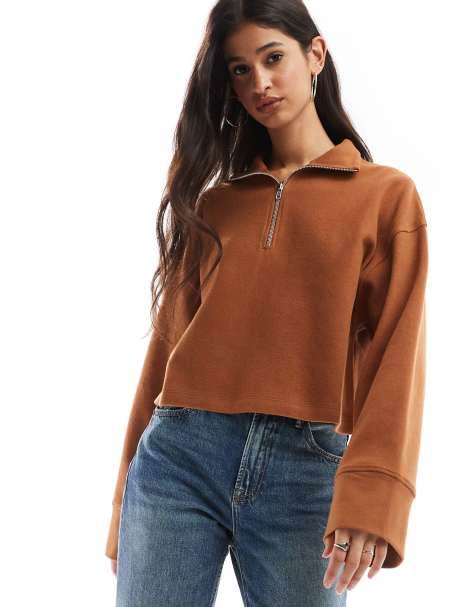 ASOS DESIGN supersoft long sleeve boxy crop half zip in tan - TAN - view 1