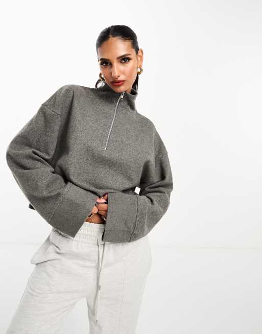 ASOS DESIGN supersoft long sleeve boxy crop half zip jumper in charcoal marl (part of a set)