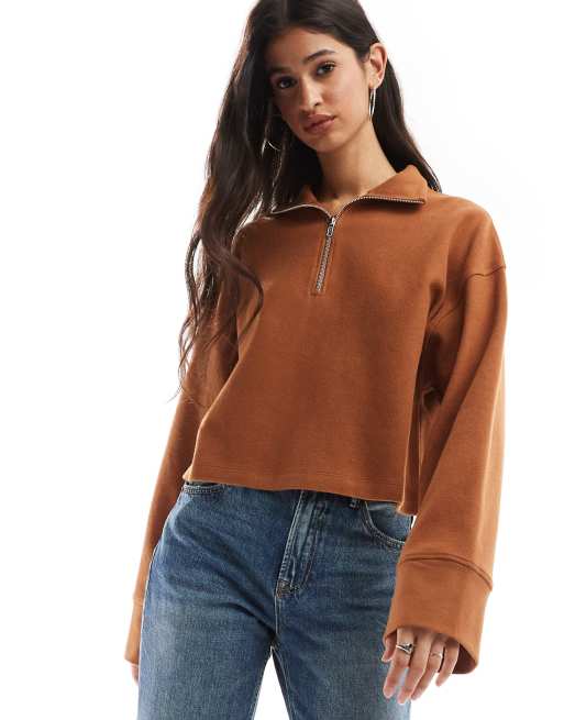 ASOS DESIGN supersoft long sleeve boxy crop half zip jumper in tan