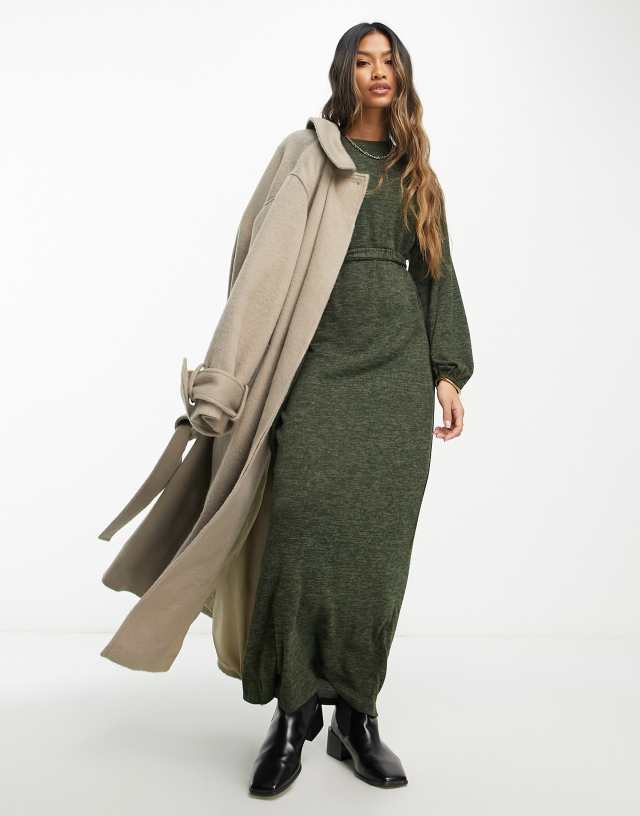 ASOS DESIGN - supersoft long sleeve brushed belted dress in khaki