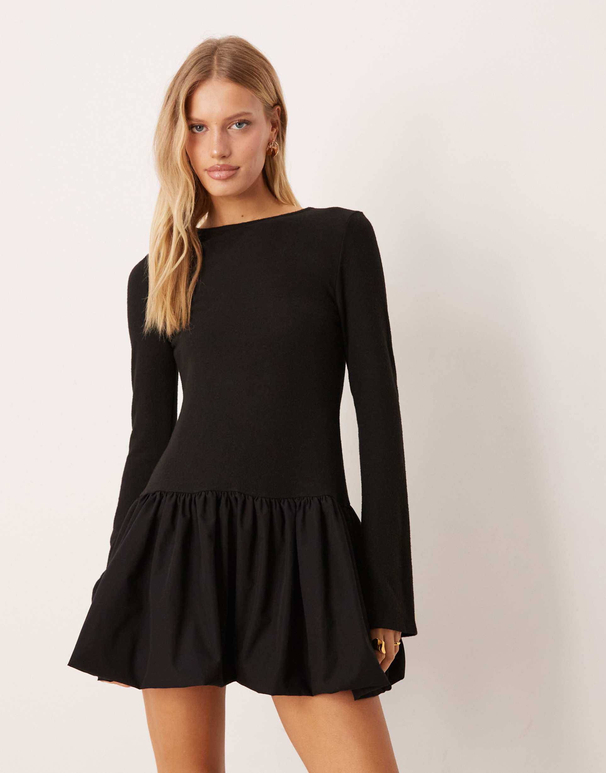 asos design supersoft long sleeve bubble hem mini dress in black