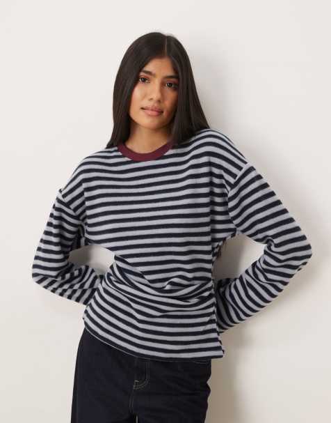 ASOS DESIGN Supersoft long sleeve corset waist tee in blue stripe - view 1