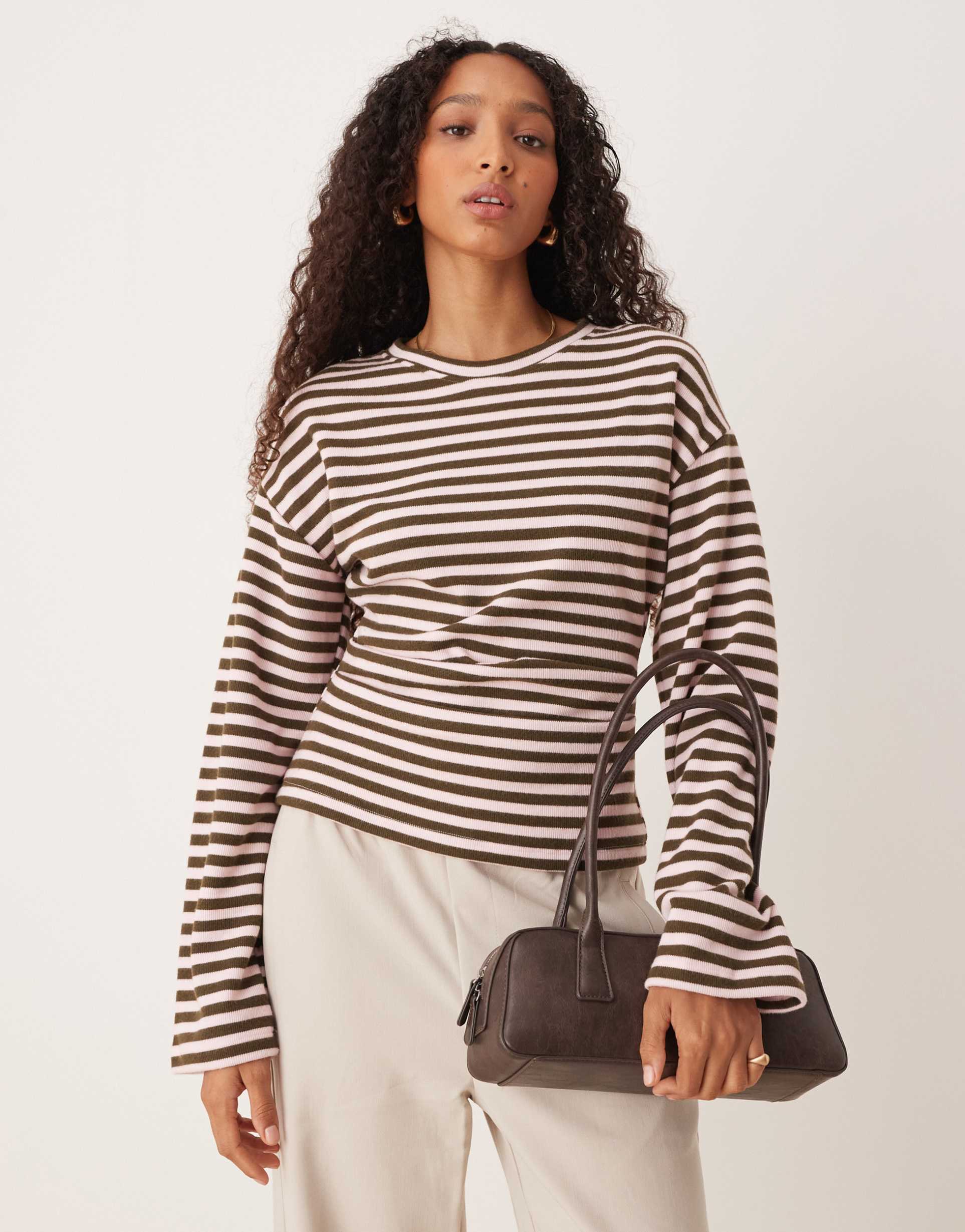 asos design supersoft long sleeve corset waist tee in khaki stripe