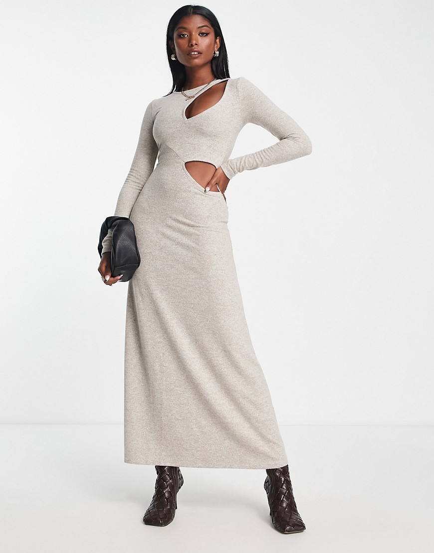 ASOS DESIGN supersoft long sleeve cut out detail maxi dress in oatmeal-Neutral