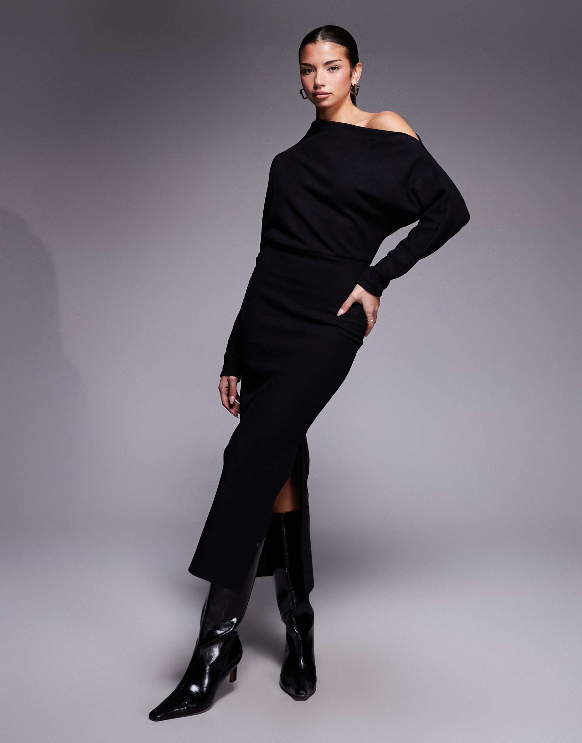 asos design supersoft long sleeve fallen shoulder midi dress in black