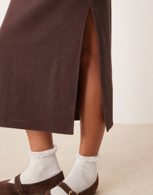 ASOS DESIGN super soft long sleeve fallen shoulder midi dress in chocolate