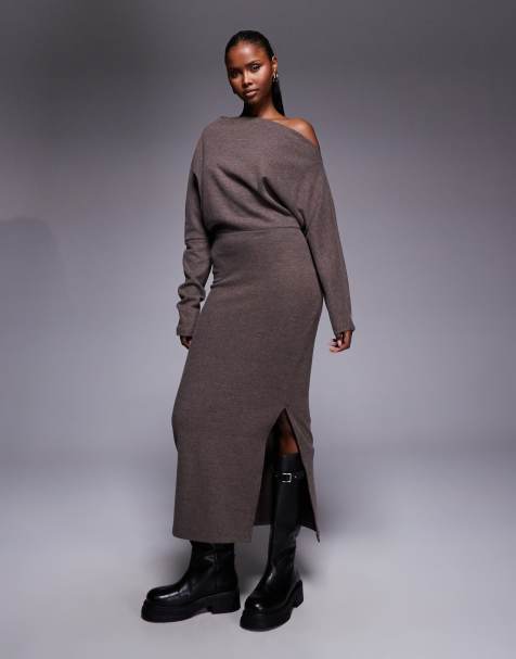ASOS DESIGN supersoft long sleeve fallen shoulder midi dress in chocolate
