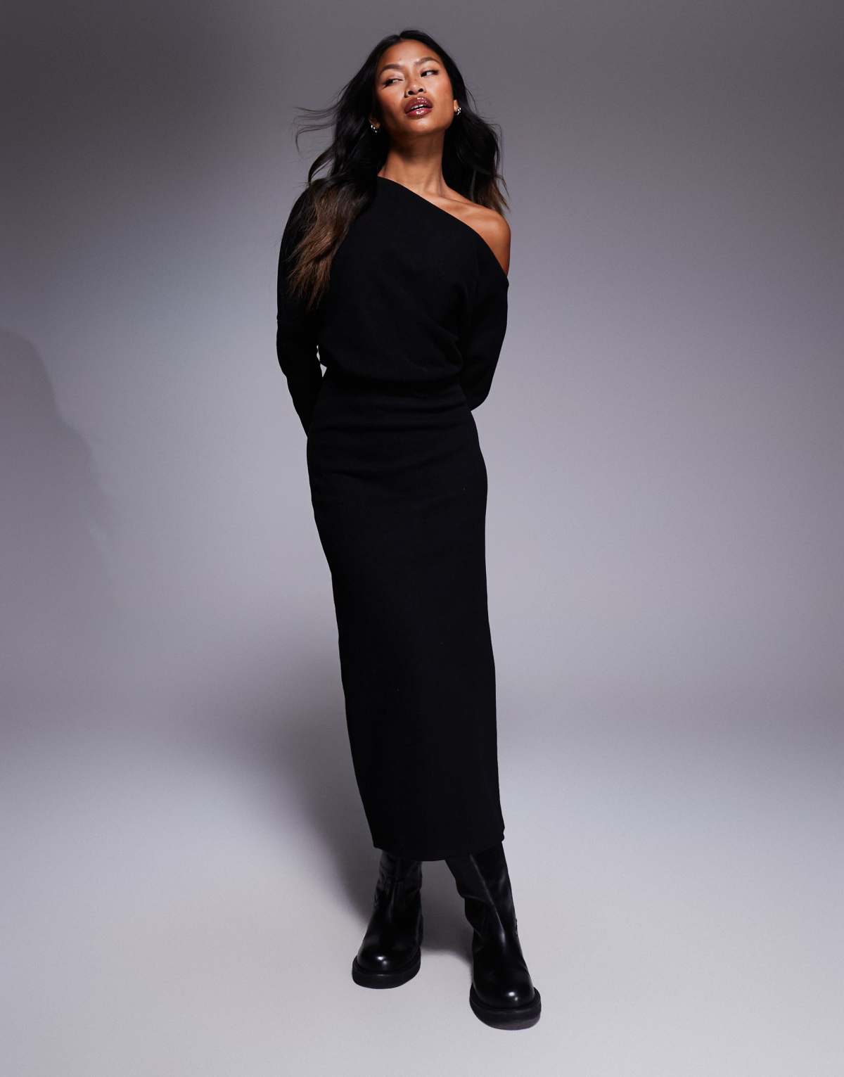 ASOS DESIGN supersoft long sleeve fallen shoulder midi in black