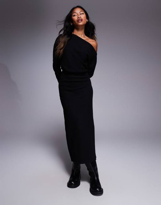 ASOS DESIGN supersoft long sleeve fallen shoulder midi in black