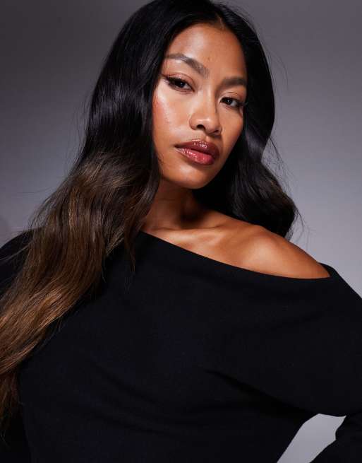 ASOS DESIGN supersoft long sleeve fallen shoulder midi in black