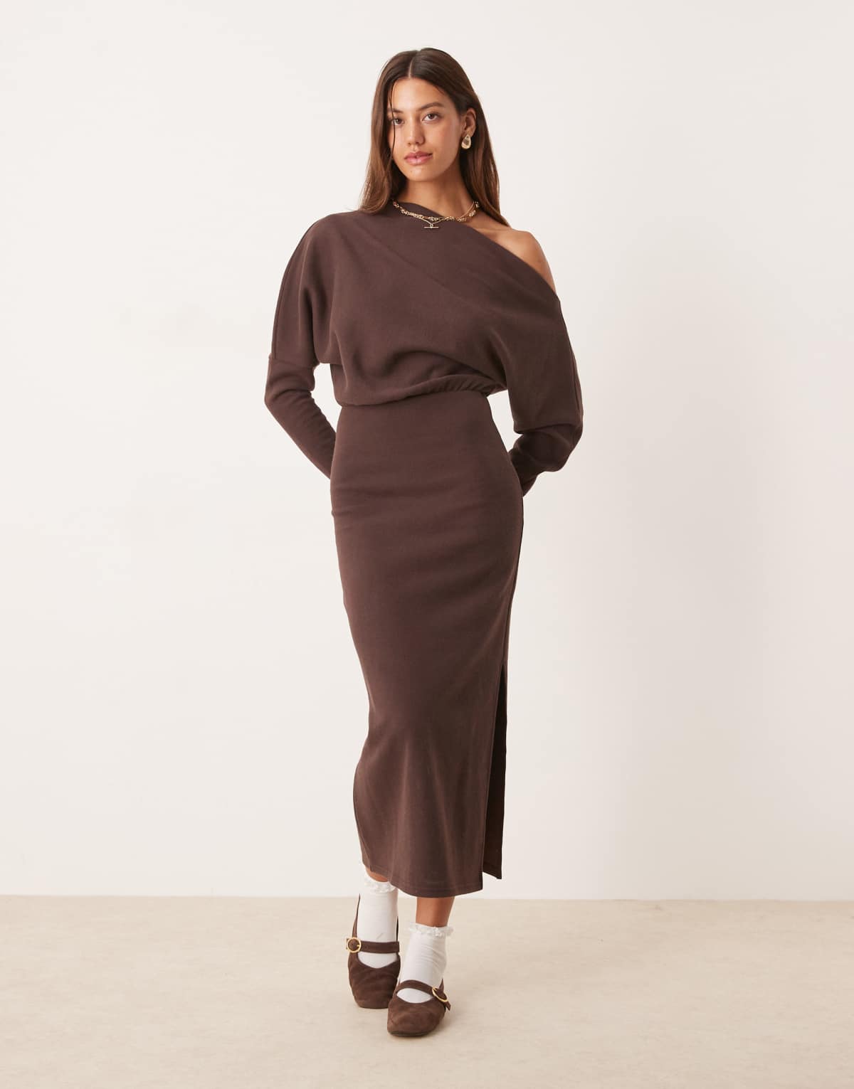 ASOS DESIGN supersoft long sleeve fallen shoulder midi in chocolate