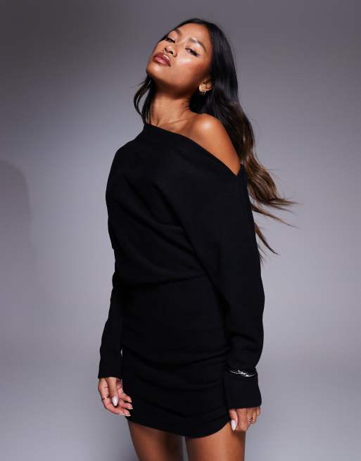 ASOS DESIGN supersoft long sleeve fallen shoulder mini dress in black