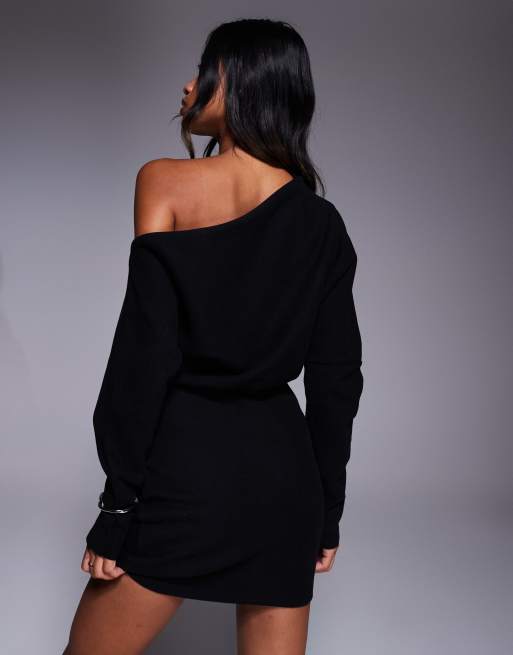 ASOS DESIGN supersoft long sleeve fallen shoulder mini dress in black