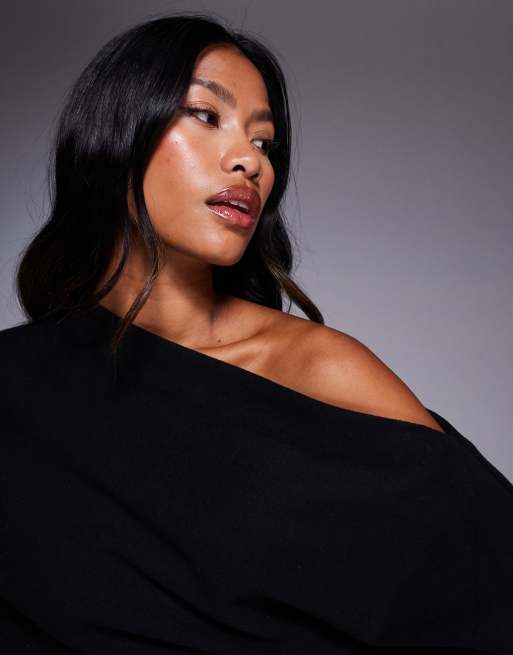 ASOS DESIGN supersoft long sleeve fallen shoulder mini dress in black