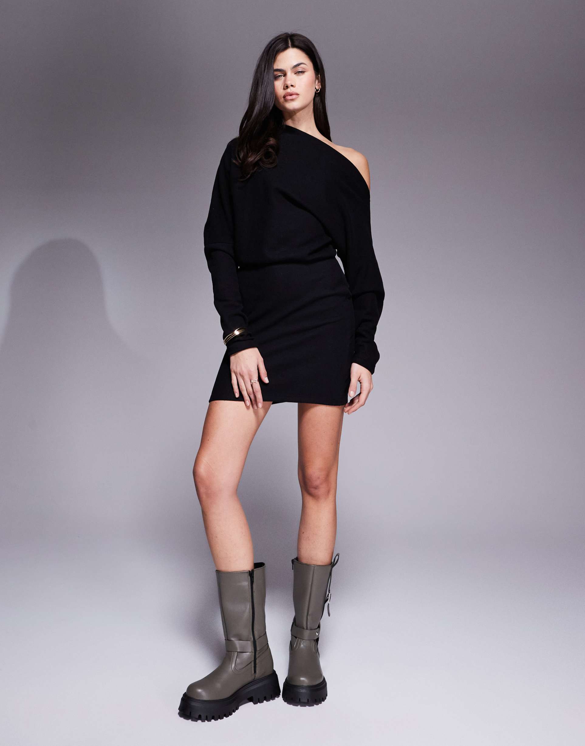 asos design supersoft long sleeve fallen shoulder mini dress in black