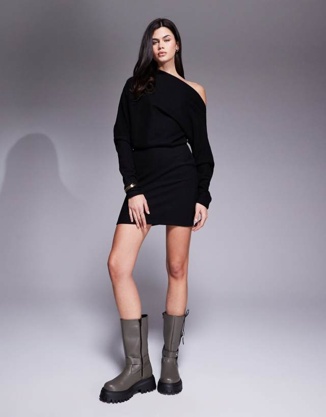 ASOS DESIGN supersoft long sleeve fallen shoulder mini dress in black