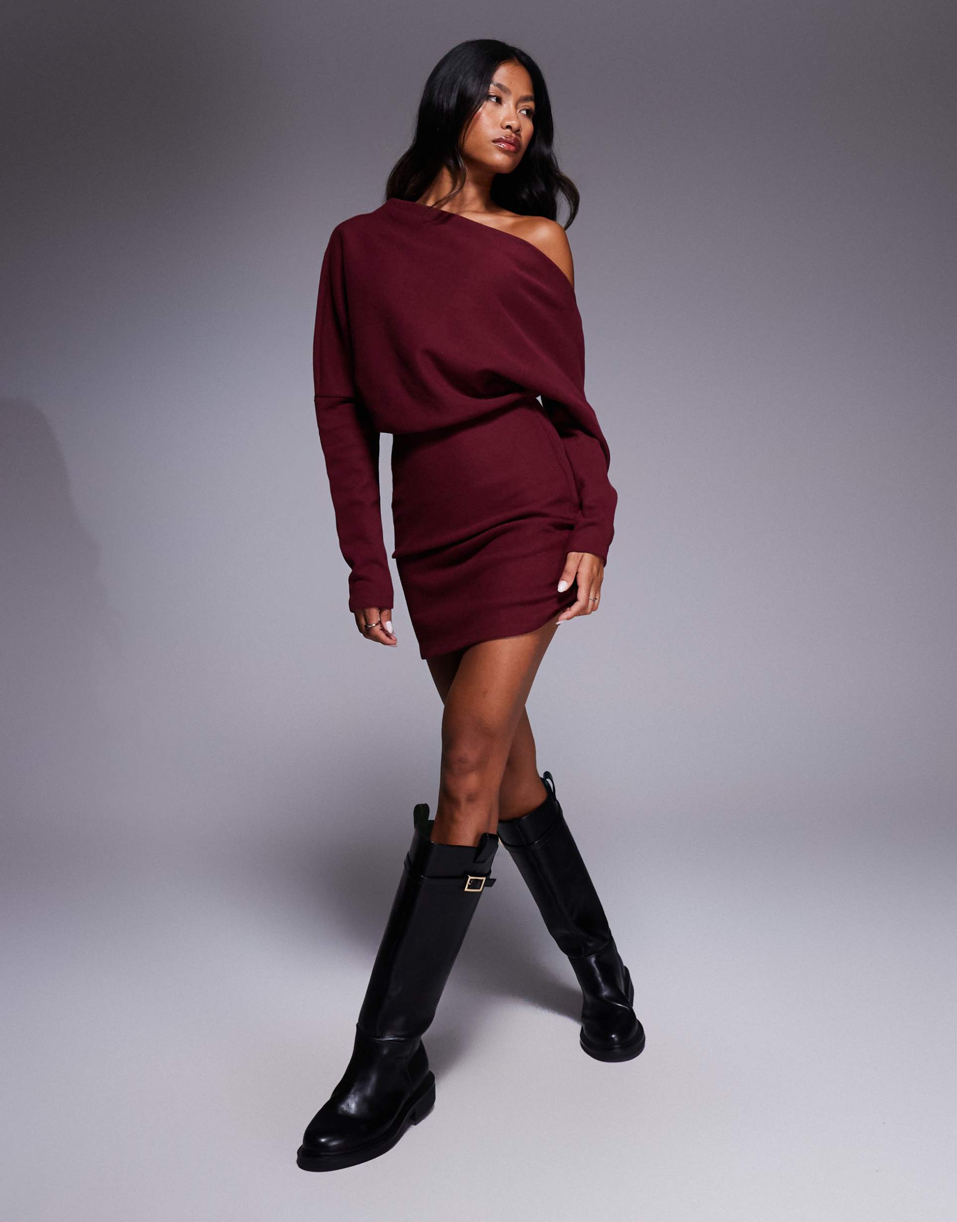 asos design supersoft long sleeve fallen shoulder mini dress in mulberry