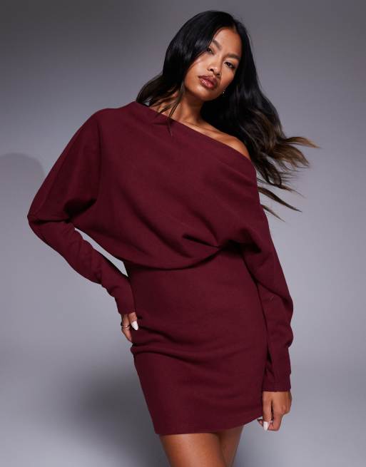 ASOS DESIGN supersoft long sleeve fallen shoulder mini dress in mulberry