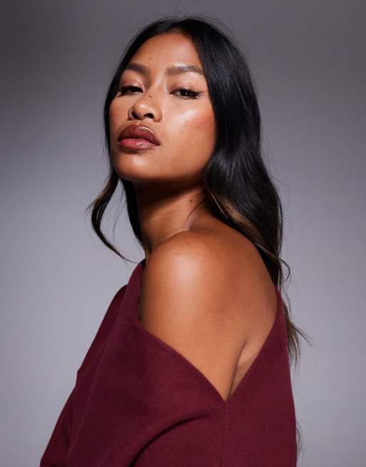 ASOS DESIGN supersoft long sleeve fallen shoulder mini dress in mulberry
