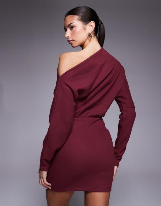 ASOS DESIGN supersoft long sleeve fallen shoulder mini dress in mulberry, 4 of 4