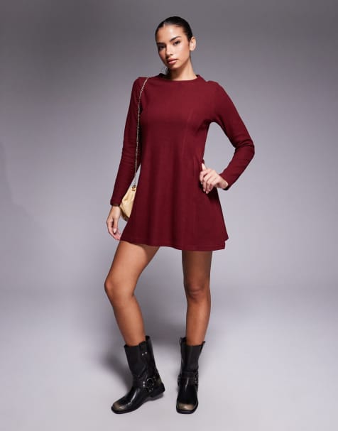 ASOS DESIGN supersoft long sleeve fit and flare mini dress in burgundy - view 1