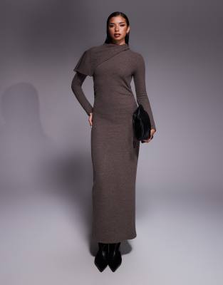 ASOS DESIGN supersoft long sleeve fold over cape detail midi dress in chocolate-Brown