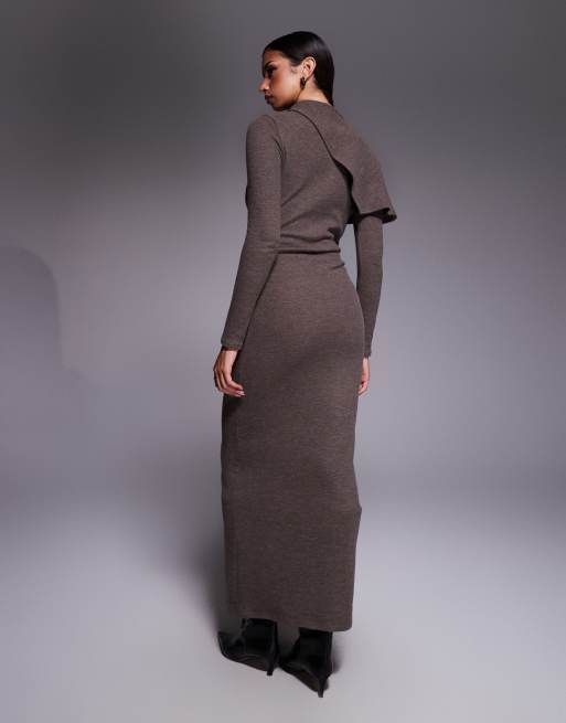 ASOS DESIGN supersoft long sleeve fold over cape detail midi dress in chocolate, 4 of 4