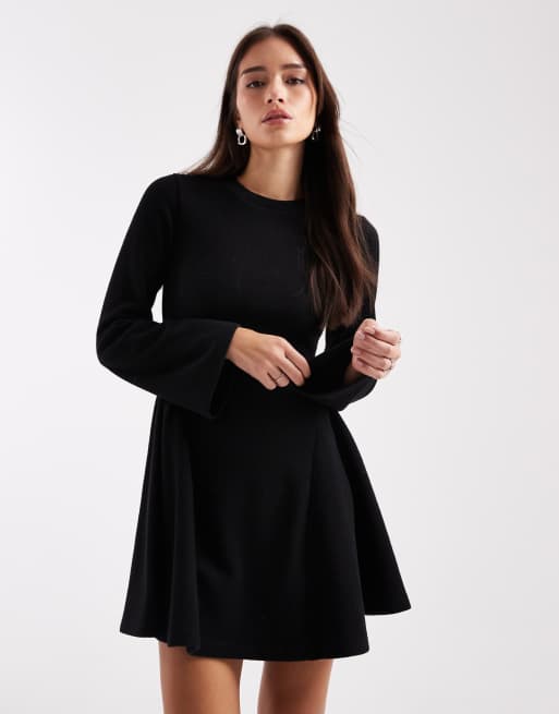 ASOS DESIGN supersoft long sleeve godet mini dress in black